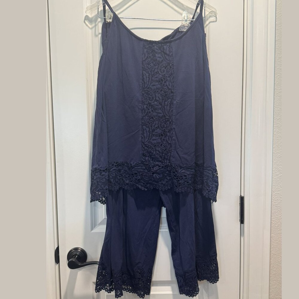 Soma 3 PC Cool Nights Lace Detail Pajamas - 1 Tank + 2 Wide-Leg Crop Bottoms